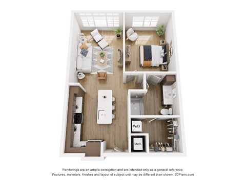 Floor plan for 1 bed, 1 bath, 821 sqft
